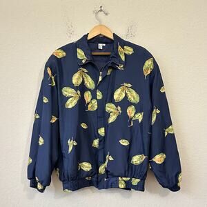 VTG FUDA INTERNATIONAL Jacket Navy Blue Leaf Print Silk Windbreaker